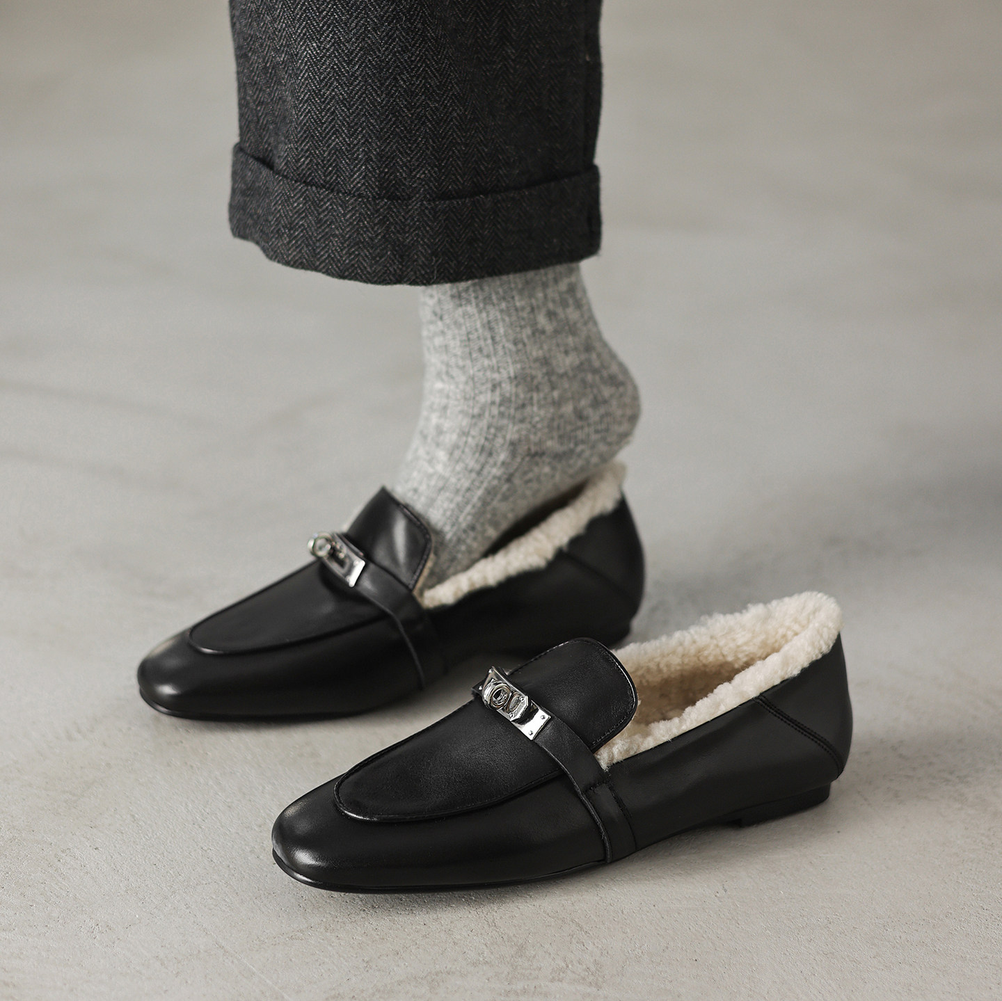 水洗牛皮英伦风真皮加绒凯利扣乐福鞋女金属扣一脚蹬软底豆豆鞋女,淘宝优惠券,粉丝福利购,淘宝优惠卷