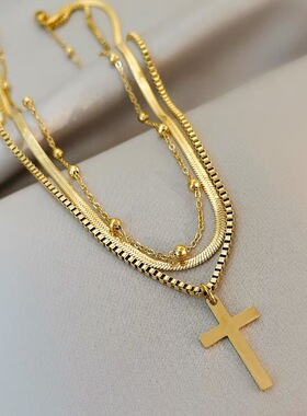 俏皮软语金色十字架项链女多层叠戴氛围感甜酷百搭锁骨链