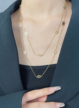 小众设计双层圆牌项链女金色锁骨链高级感百搭颈链