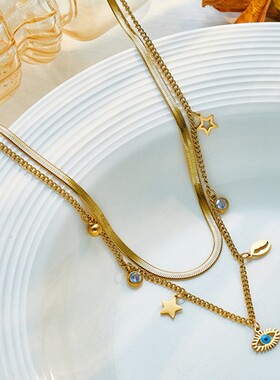 欧美时尚新款波西米亚星星眼睛气质高级感钛钢双层锁骨链小众饰品