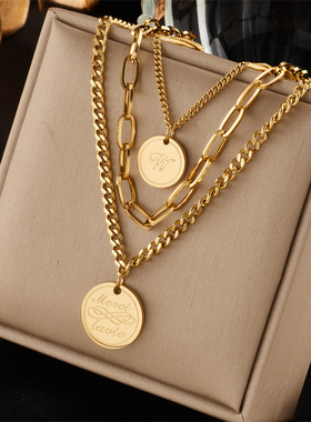 欧美跨境时尚简约多层复古叠戴金属钛钢刻字圆牌吊坠饰品锁骨项链