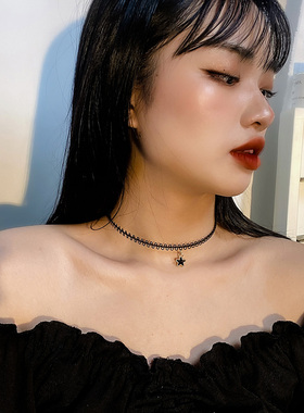 暗黑波浪弹力颈链女短款锁骨链网红气质百搭五角星吊坠黑色饰品