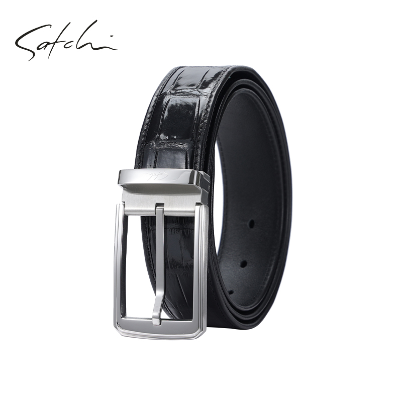 沙驰皮带男真皮商务大气不锈钢裤带2025新款高端鳄鱼皮针扣腰带