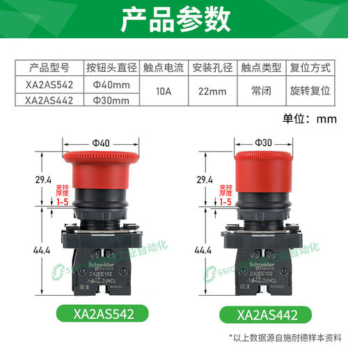 施耐德XA2ES542急停按钮开关22mm常闭小头急停30mm头S442旋转复位 - 图1