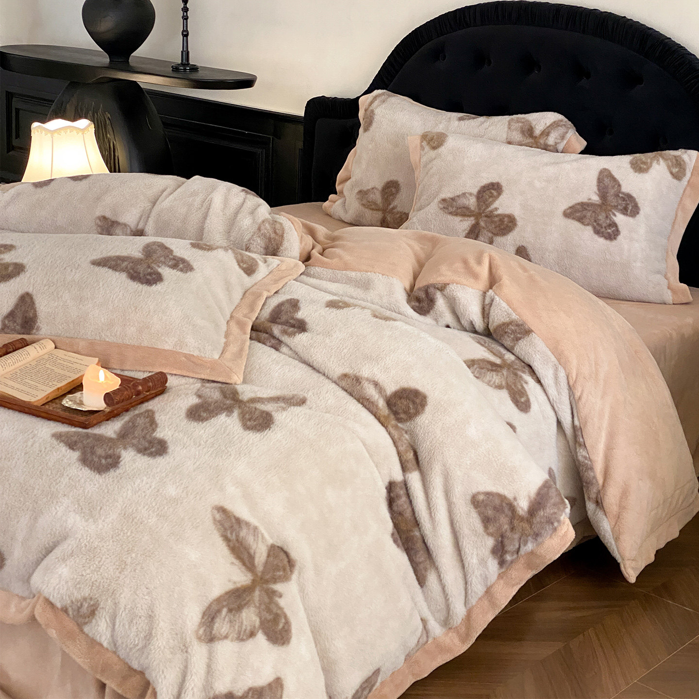 LANSWAY兔毛绒蝴蝶印花牛奶绒四件套冬天加厚保暖被套床单1.8床品,淘宝优惠券,粉丝福利购,淘宝优惠卷