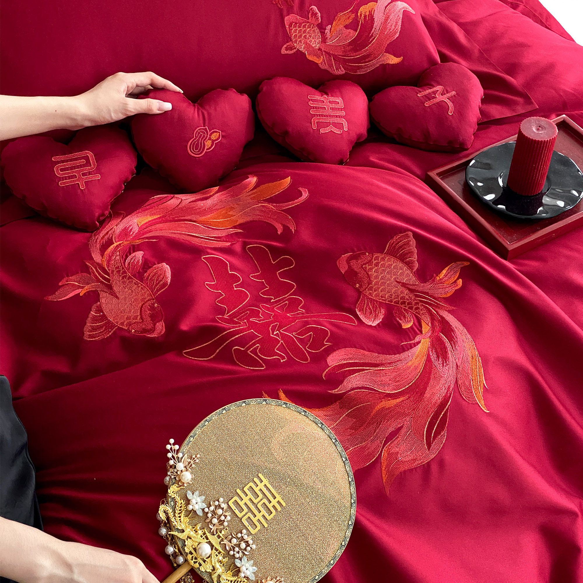 早生贵子锦鲤刺绣全棉婚庆四件套红色长绒棉结婚被套床单1.8床笠,淘宝优惠券,粉丝福利购,淘宝优惠卷