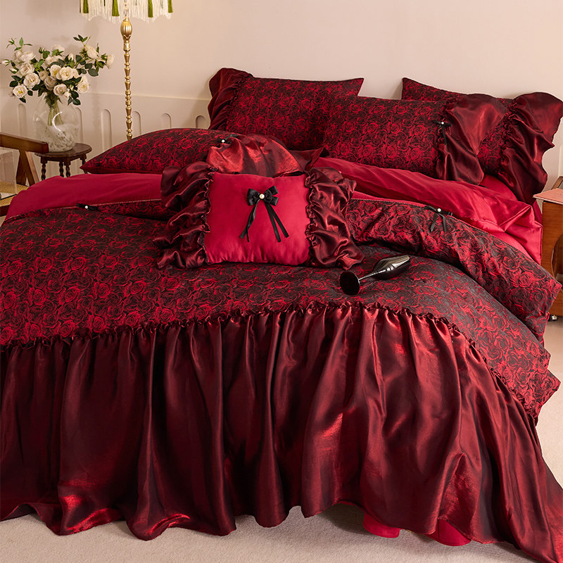 法式浪漫玫瑰提花婚庆四件套60支长绒棉印花红色结婚裙摆被套床单,淘宝优惠券,粉丝福利购,淘宝优惠卷