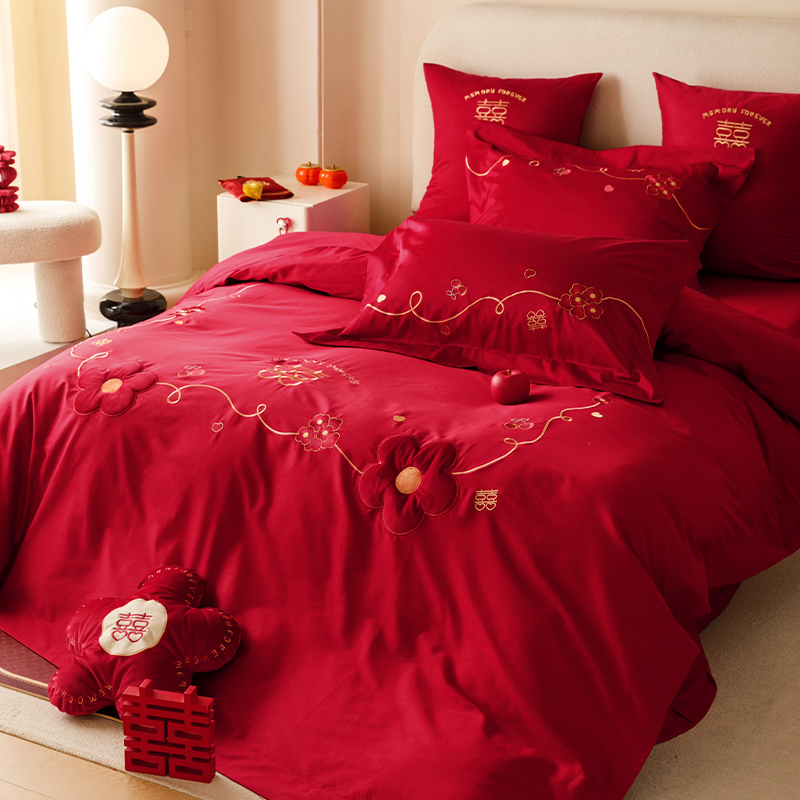 简约婚庆四件套纯棉100s长绒棉喜字刺绣红色结婚被套床单床上用品 - 图0