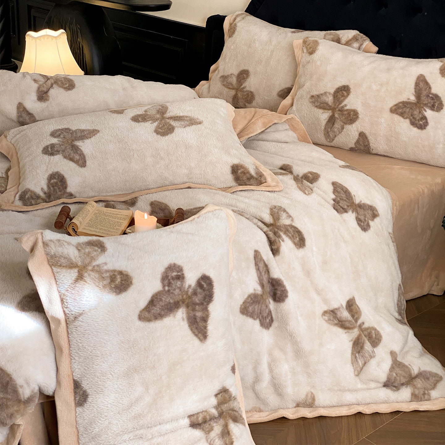 LANSWAY兔毛绒蝴蝶印花牛奶绒四件套冬天加厚保暖被套床单1.8床品,淘宝优惠券,粉丝福利购,淘宝优惠卷