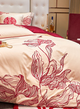 简爱婚礼床上用品全棉60支长绒棉绣花红色结婚被套床单床盖四件套