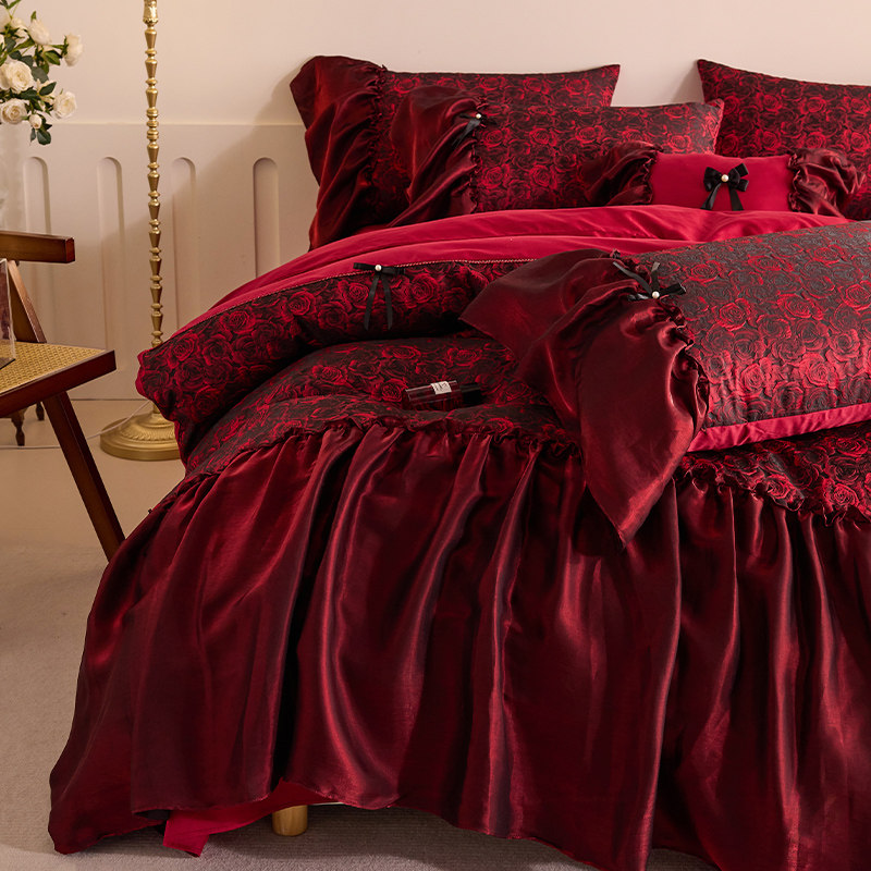 法式浪漫玫瑰提花婚庆四件套60支长绒棉印花红色结婚裙摆被套床单,淘宝优惠券,粉丝福利购,淘宝优惠卷