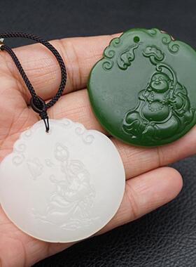 双面雕刻笑佛一品青莲吊坠挂件
