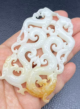 仿古双面雕刻龙凤仿玉吊坠挂件双龙双凤锁骨链项链坠汉服腰佩流苏