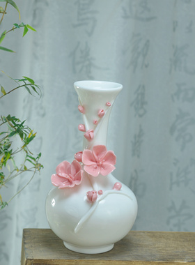 陶瓷手工捏花国风旗袍瓶白色牡丹描金特色花瓶传统玄关博古架摆件