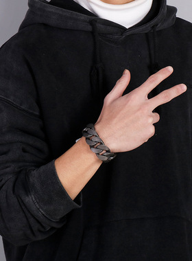 宽版欧美时尚个性简约大方手链复古黑色男士个性单身潮人饰品