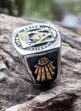 ROCK PUNK金色共济钛钢戒指士高级感霸气单身饰品简约潮人指环