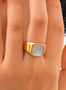 时尚方形金色几何方形贝母戒指金色男女士潮人电镀简约单身饰品