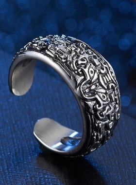 中国风复古做旧饕餮霸气钛钢戒指 民族风开口时尚不掉色个性指环