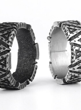 轻奢时尚宽版潮牌简约维京竖纹纹理款钛钢戒指男女通用食指扳指环