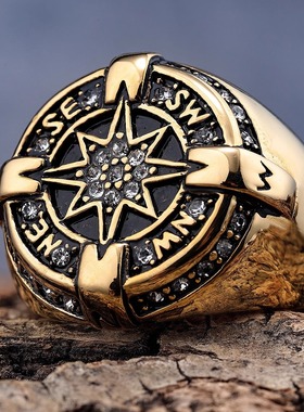 北欧高级感潮牌镶钻海神八芒星指南针戒指钛钢材质戒指时尚饰品