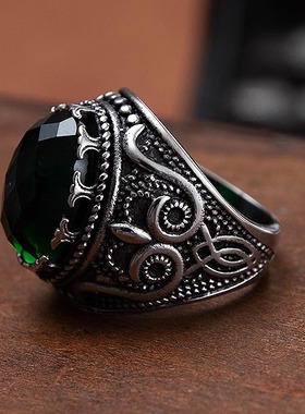 复古宫廷风潮牌时尚绿色锆石戒指戒欧美流行饰品花卉潮人时尚饰品