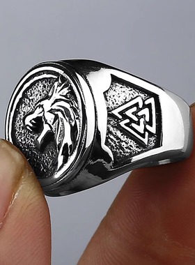 维京战士狼头符文钛钢戒指