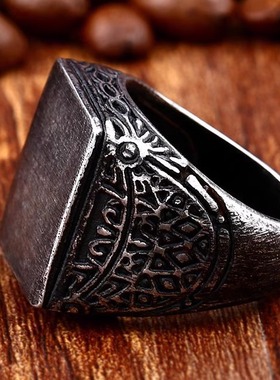 宽版几何长方形简约风男士钛钢复古戒指个性拉丝雕花做旧食指指环