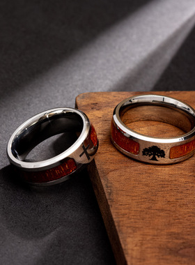 时尚欧美镶嵌相思木纹半圈生命树戒指十字架不掉色维京北欧指环