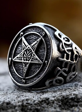 朋克风恶魔撒旦五角星戒指 欧美复古宽版个性大码潮霸气单身指环