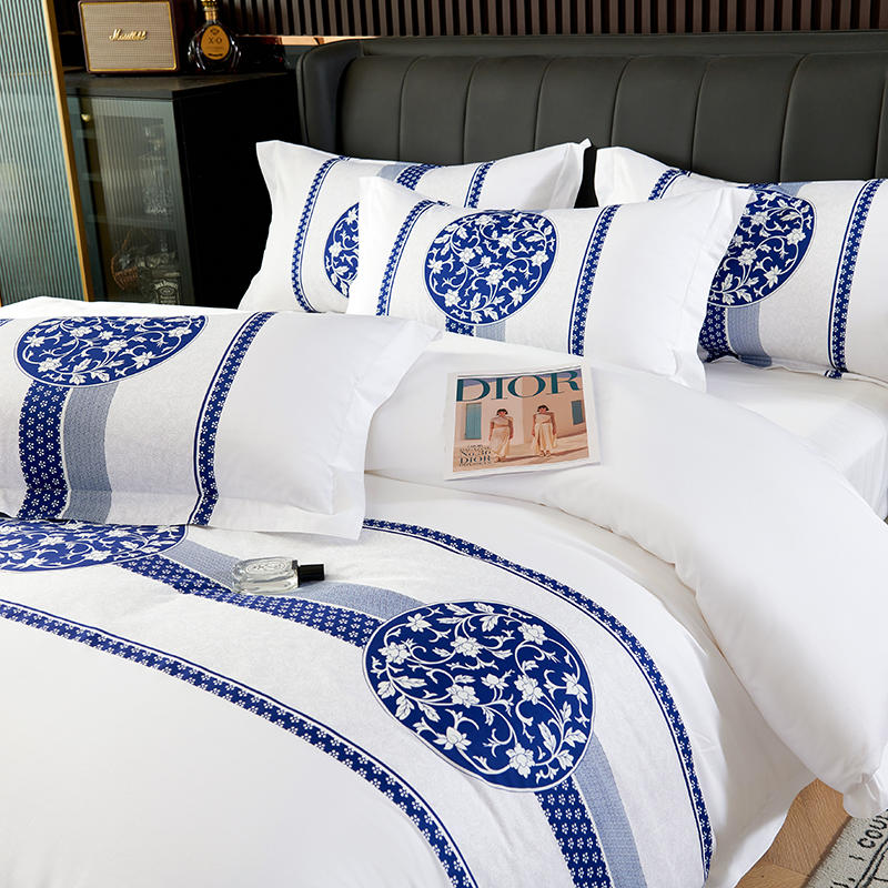 酒店布草宾馆床上用品100全棉纯棉民宿专用色织印花床尾巾四件套 - 图2