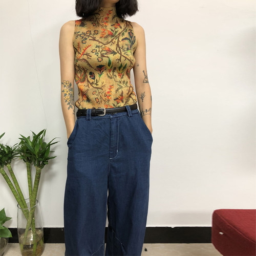 JT JANE /设计师款   印花 褶皱  无袖半高领背心 - 图0