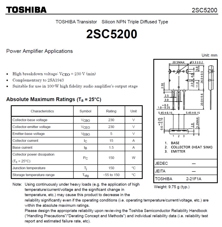 全新原装东芝Toshiba 2SA1943 2SC5200 发烧音频大功率输出对管 - 图0