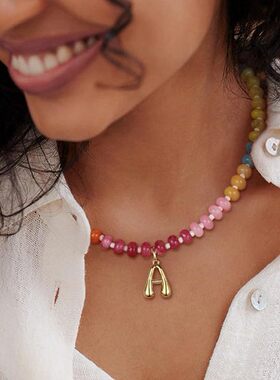 亚马逊热销女士14K字母吊坠项链彩色串珠宝石颈链夏季海滩首饰