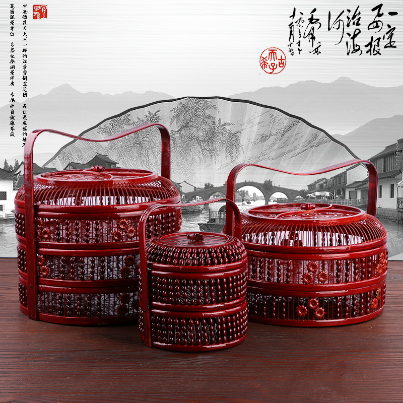 竹編仿古提籃 月餅籃 送飯籃 水果籃 竹製食盒 紅色婚慶禮品籃