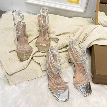 Rhinestone sexy internet celebrity sandals for women 2023 summer new style Roman strap stiletto fairy style mid-heel high heels