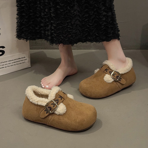 厚底内增高加绒勃肯鞋女2025新款冬季保暖毛毛棉鞋34码低帮雪地靴 - 图0