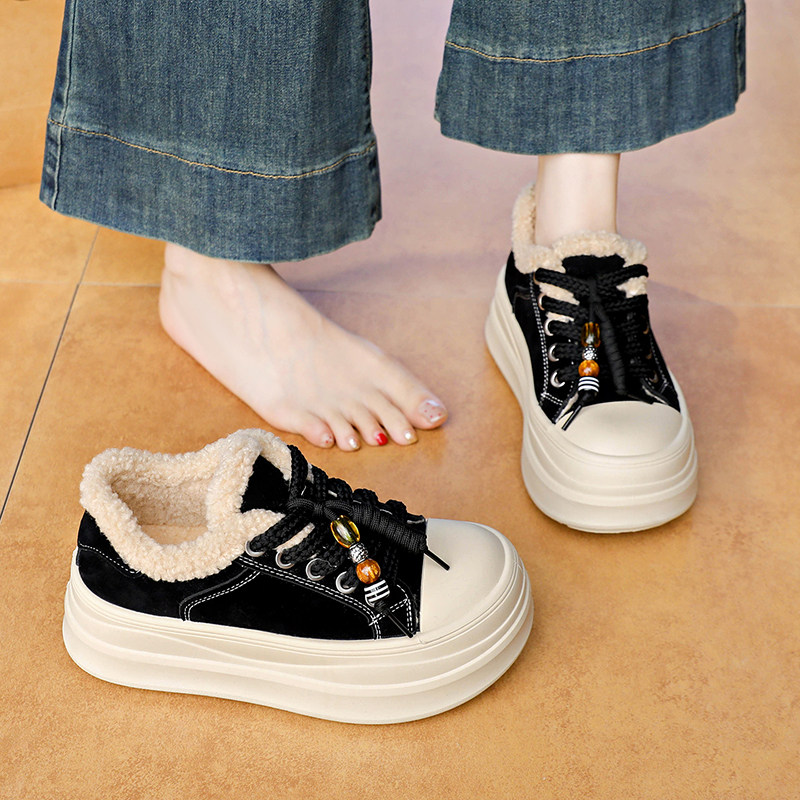 加绒加厚棉鞋女2025冬季羊羔毛厚底运动板鞋34码小个子增高面包鞋,淘宝优惠券,粉丝福利购,淘宝优惠卷