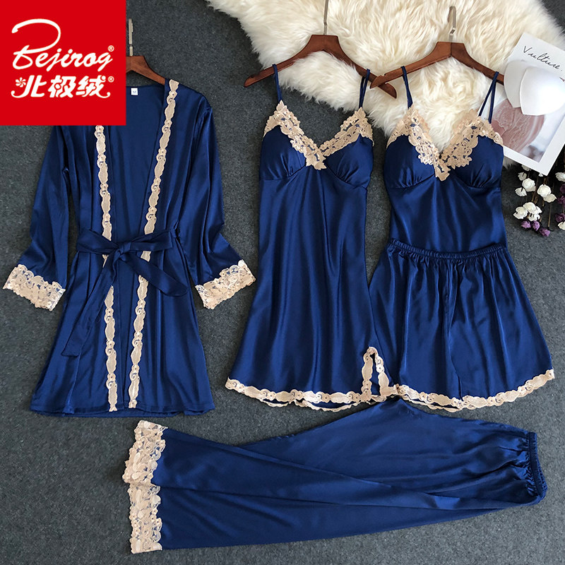 带胸垫女士性感睡裙五件套冰丝绸 北极绒百盈睡衣/家居服套装