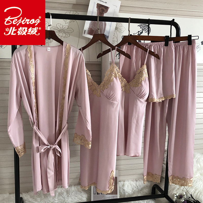带胸垫女士性感睡裙五件套冰丝绸 北极绒百盈睡衣/家居服套装