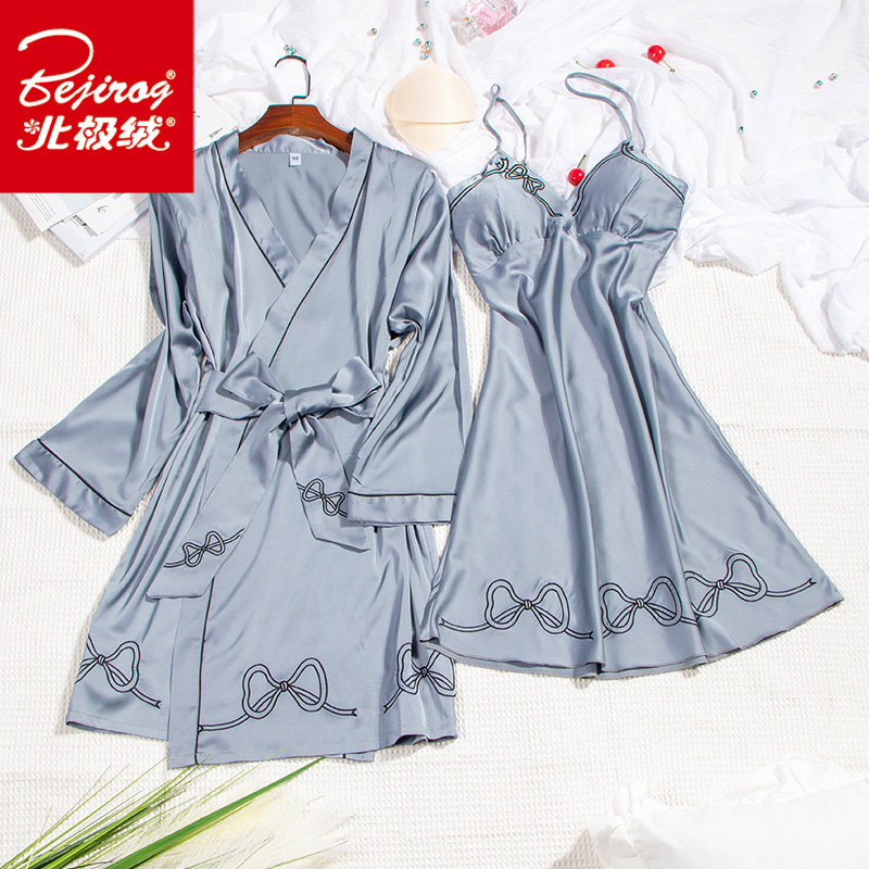 春秋性感四件套带胸垫冰丝睡裙 北极绒百盈睡衣/家居服套装