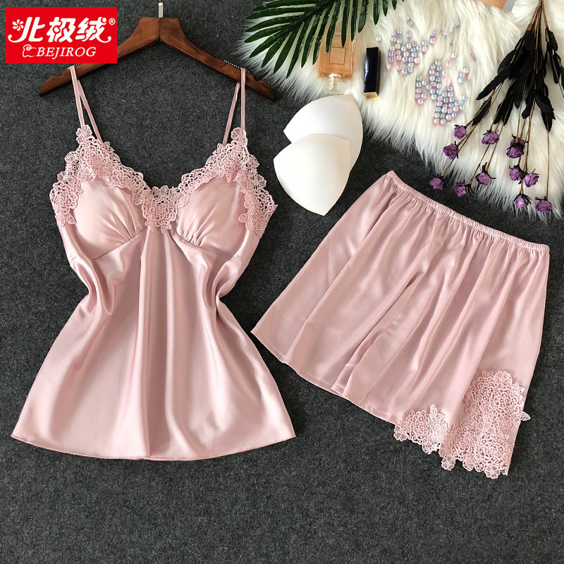 性感女夏睡袍四件套冰丝带吊带裙 北极绒百盈睡衣/家居服套装