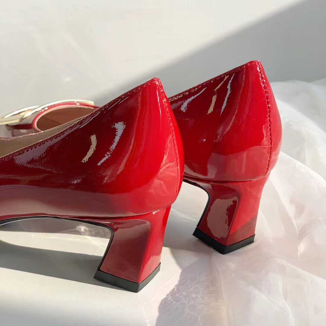 出口外贸原单中粗跟女鞋方扣真牛皮漆皮浅口红色方头婚鞋欧美单鞋