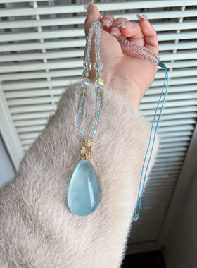 巴西天然海蓝宝水滴吊坠冰种海蓝宝毛衣链原石吊坠蓝色水晶项链女