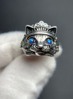 天然灰月光招财猫戒指活口可调节蓝光月光石个性设计百搭男女礼物