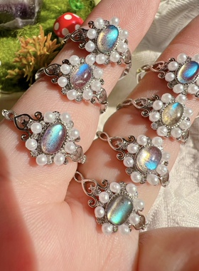 天然灰月光戒指拉长石戒指活扣精致百搭蓝光百搭韩版学生礼物女