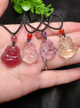 天然黄水晶佛吊坠粉晶草莓晶佛紫水晶白水晶佛平安喜乐健康闺蜜包