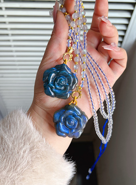 天然拉长石玫瑰花吊坠毛衣链项链女款蓝色水晶项链