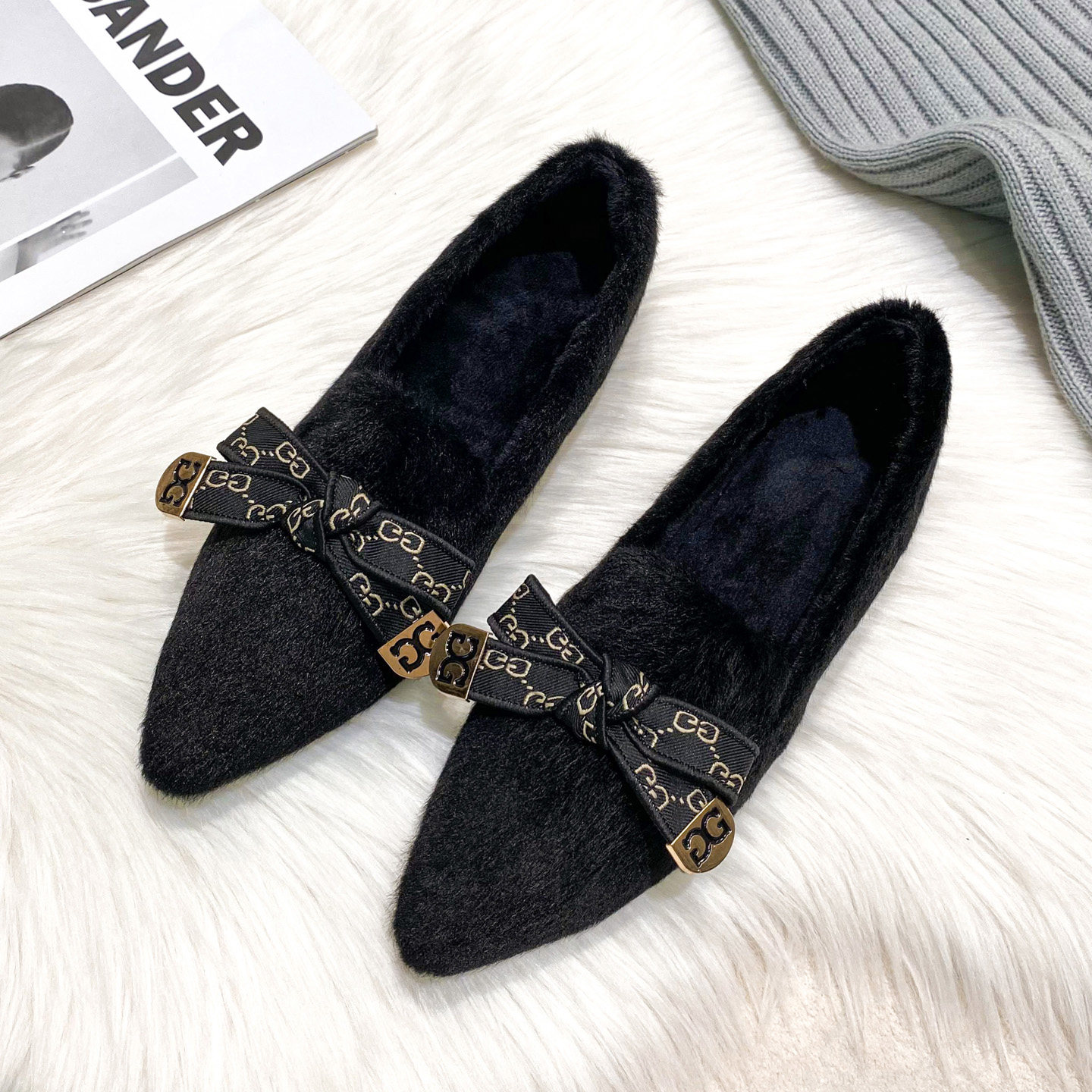 秋冬季毛毛鞋女外穿水貂毛2025新款豆豆鞋加绒尖头大码棉鞋41到43,淘宝优惠券,粉丝福利购,淘宝优惠卷