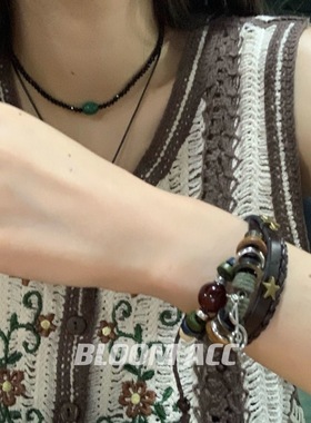 民族风亚文化y2k多层串珠皮革手链音符吊坠手环星星珠子编织手绳