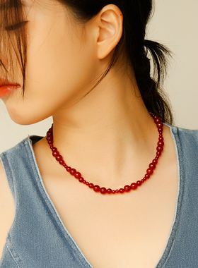 W的手创S925纯银天然红玛瑙项链